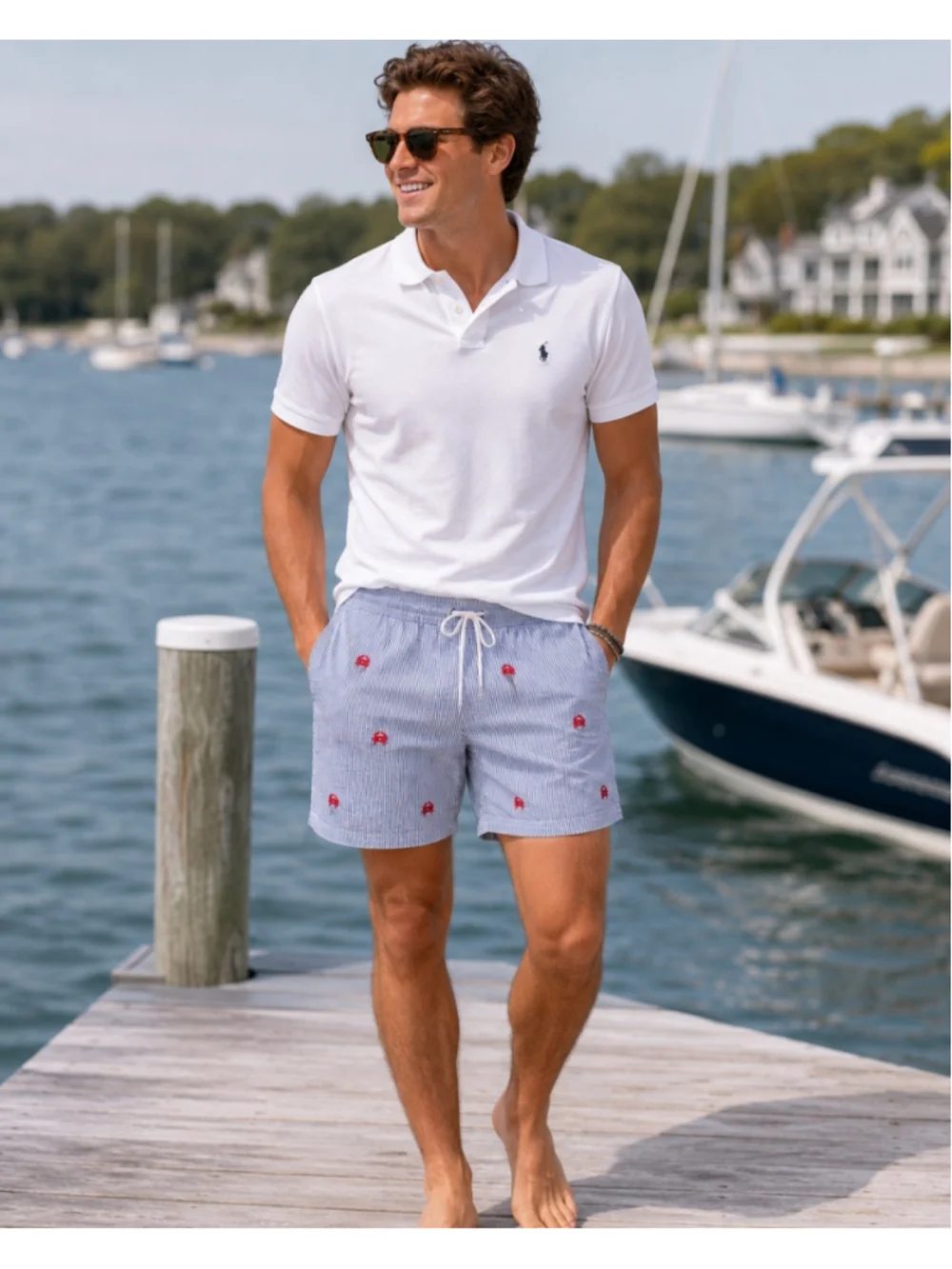 J.Crew Seersucker Crab Print Swim Trunks Men Large Blue White Lined Beach Short